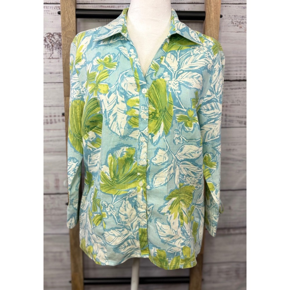 JM Collection 100% Linen Button Down Floral Blue Green 3/4 Sleeve Tie Cuff - Picture 6 of 10